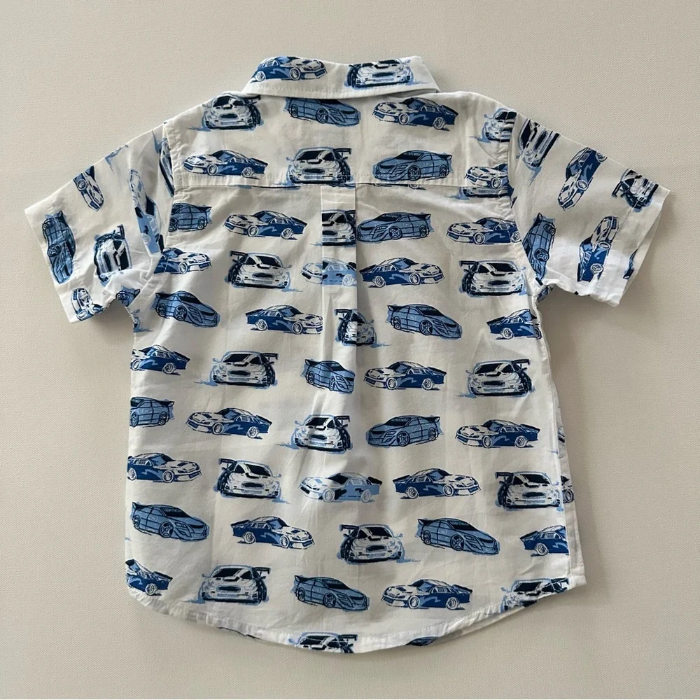 The Children's Place 2T Toddler Boy White Button-Down Shirt Race Car Print NWT